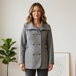 Details Intl Womens L Grey Herringbone Double Breasted Belted Pea Coat NWOT